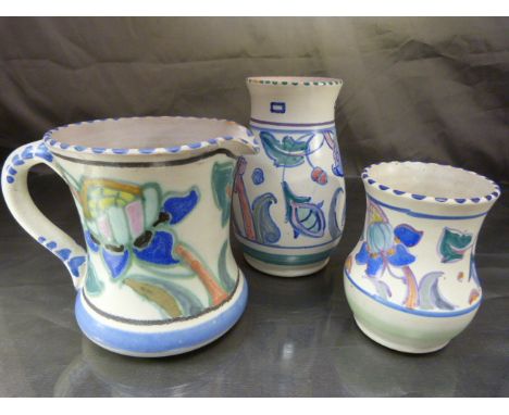 Collard Honiton Pottery - Three pieces of Honiton Pottery to include two small vases and an inverted barrel jug. All Three C.