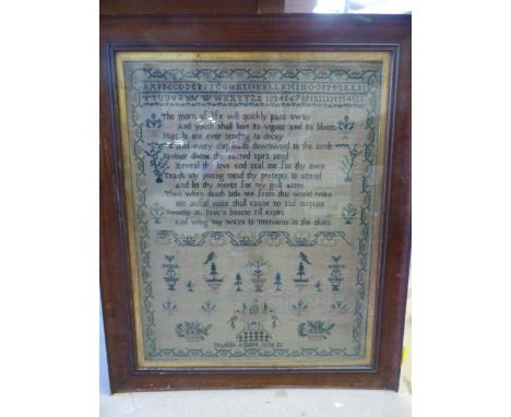 Good example of a Georgian sampler with foliate decorated border. Alphabet at top with Verse below ' The morn of life will qu