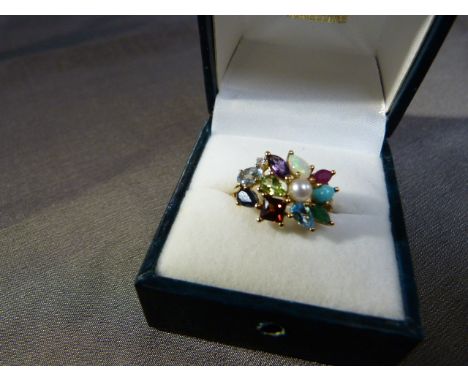 QVC 9ct Gold Multi Gem ring, set with 12 different gem stones, including - Ruby, Turquoise, Emerald, Opal, Pearl, Topaz, Amet