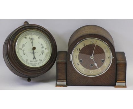 VINTAGE MANTEL CLOCK &amp; A T J WILLIAMS &amp; SON CARDIFF CIRCULAR WALL BAROMEMTER, 21cms diameter