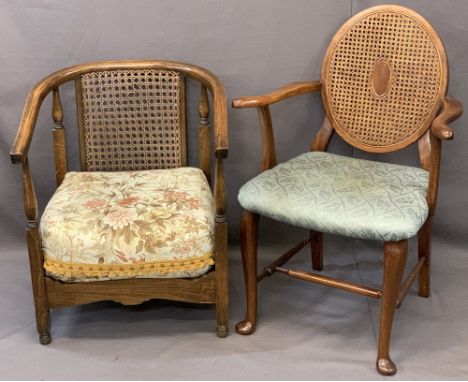 TWO VINTAGE BERGERE BACKED ARMCHAIRS including a mahogany example with oval back and stuff-over seat on shaped front supports