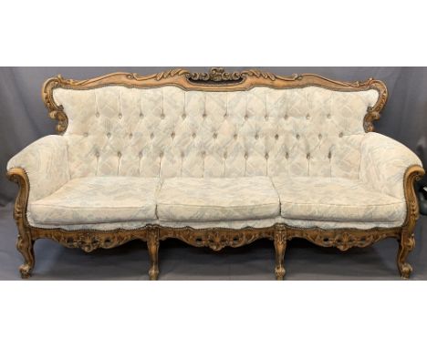 CONTINENTAL CARVED WALNUT THREE SEATER BUTTON BACK UPHOLSTERED SETTEE, 90cms H, 202cms overall W, 51cms seat D