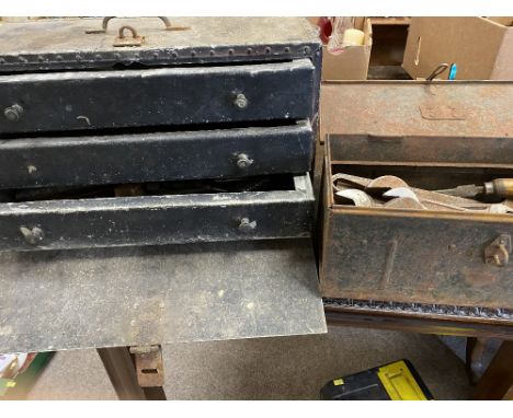 TOOLS - vintage metal engineer's type three drawer toolbox with associated contents and a metal box of mainly spanners includ