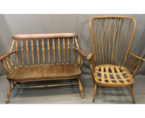 ERCOL STICK BACK ARMCHAIR and a spindle back wood seated couch, unbranded, 103cms H, 76cms W, 48.5cms D and 121cms W, 48cms s