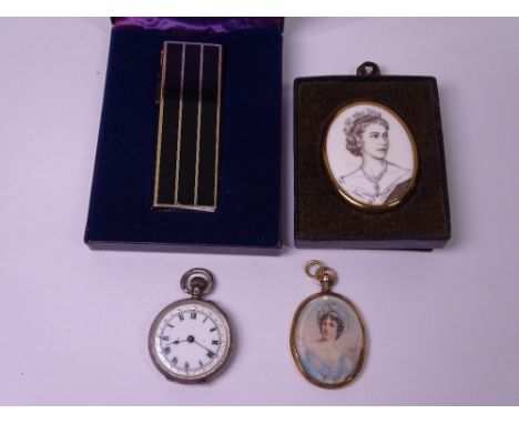 SILVER CASED VINTAGE LADY'S FOB WATCH, signed oval portrait miniature in gilt metal frame, Queen's Coronation porcelain plaqu