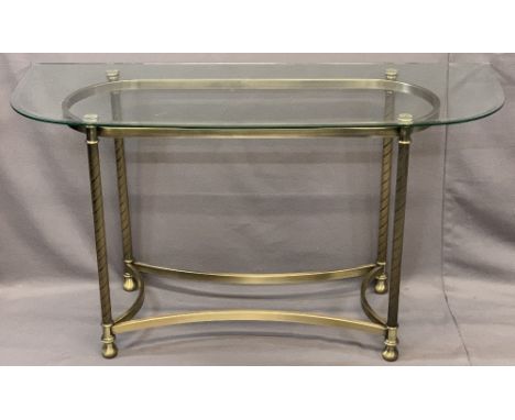 MODERN GLASS TOP &amp; SATIN BRASS EFFECT CONSOLE TABLE, 68.5cms H, 122cms W, 45.5cms D