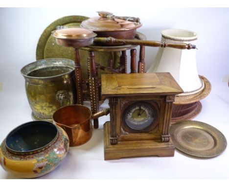 CLOISONNE BOWL, 14cms H, 23cms diameter, vintage mantel clock, folding Benares type table, chargers, copper and brassware ETC