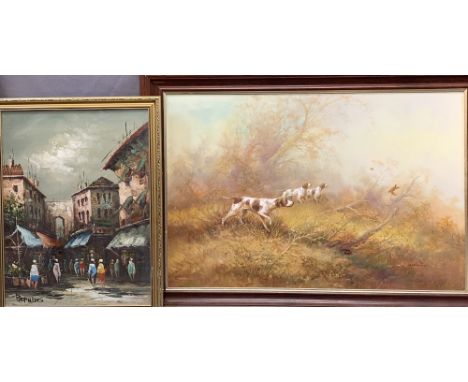 TWO PAINTINGS Continental oil under glass - street scene with numerous figures, signed 'Bernard', 60 x 45cms and oil on canva