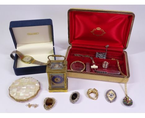 BRASS SMALL MANTEL CLOCK with blue enamel dial, 8cms tall (handle down), Seiko vintage men's wristwatch, items of dress jewel