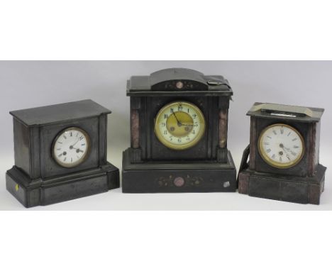 THREE VICTORIAN SLATE MANTEL CLOCKS in varying conditions for restoration, 30cms H, 30cms W, 15cms D the largest