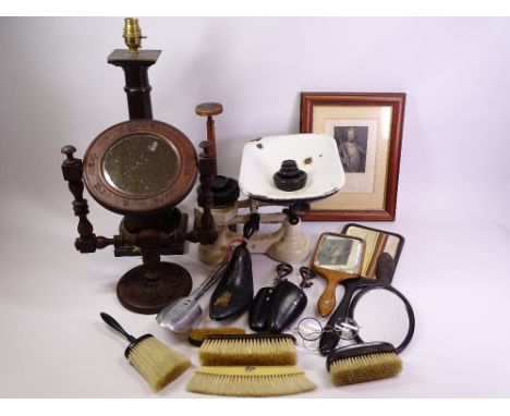 VINTAGE KITCHEN OR SHOP SCALES WITH WEIGHTS, treen items including dressing table mirror and brush sets, table lamp ETC