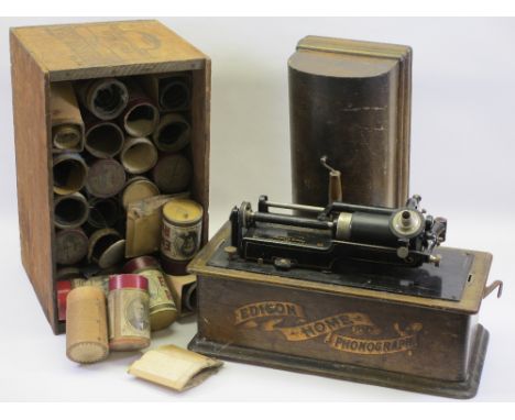 THOMAS A EDISON HOME PHONOGRAPH &amp; CYLINDER RECORDS, oak cased (no horn, cannot say working or not)