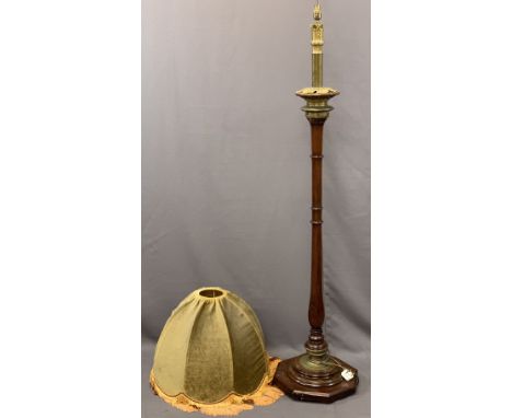 ANTIQUE OAK &amp; BRASS MOUNTED STANDARD LAMP WITH SHADE, 170cms H excluding shade E//T