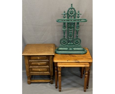 QUALITY REPRODUCTION CAST IRON STICK STAND, small oak three drawer chest and two modern pine side tables, 69cms H, 49cms W, 5