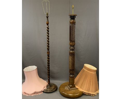 SUBSTANTIAL CARVED OAK COLUMN STANDARD LAMP and a vintage barley twist example, 167cm heights excluding shades