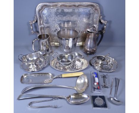 EPNS PARCEL - oblong tray with floral decoration, scrolled handles, no inscription together with two sauce boats, ice bucket,