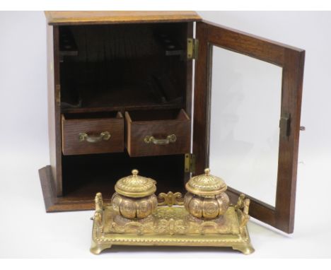 VINTAGE OAK SMOKERS' CABINET and a reproduction brass twin ink pot desk stand