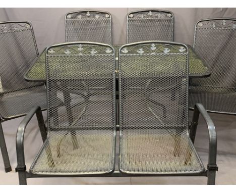 MODERN METALWORK 6 PIECE GARDEN FURNITURE SET comprising rectangular top table, 70.5cms H, 130.5cms W, 80cms D, two seater co