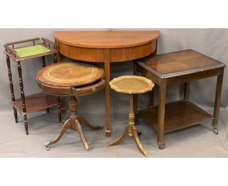 VINTAGE &amp; LATER FURNITURE PARCEL, FIVE PIECES to include a mahogany half-moon hall table, 78cms H, 90cms W, 45.5cms D, tw