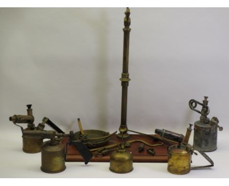 VINTAGE BEAM SCALES, four vintage brass blow lamps and an oil can