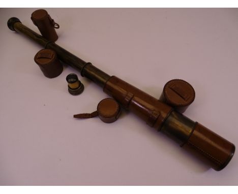 VINTAGE BRASS &amp; LEATHERBOUND TELESCOPE inscribed 'Reconditioned for John Barker &amp; Co Ltd, Kensington by Broadhurst Cl