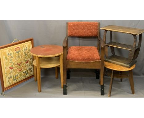 VINTAGE &amp; LATER FURNITURE PARCEL, FIVE ITEMS to include a modern tapestry firescreen, two circular top tables, a three-ti