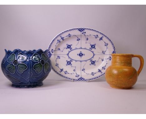 ROYAL COPENHAGEN OVAL PLATTER, 30cms L, baroque planter and a Studio pottery single handled jug