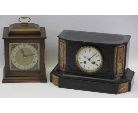 VICTORIAN SLATE &amp; MARBLE MANTEL CLOCK and a modern Quartz wooden cased example, 20.5cms H, 34.5cms W, 17cms D and 24.5cms