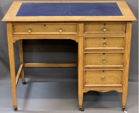 NEAT VINTAGE OAK DESK having inset writing surface over a single drawer with open ended knee section and a right side bank of