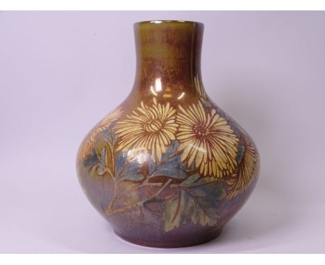 WILLIAM S MYCOCK FOR ROYAL LANCASTRIAN BULBOUS LUSTRE VASE decorated with flowers to a copper background, impressed marks to 