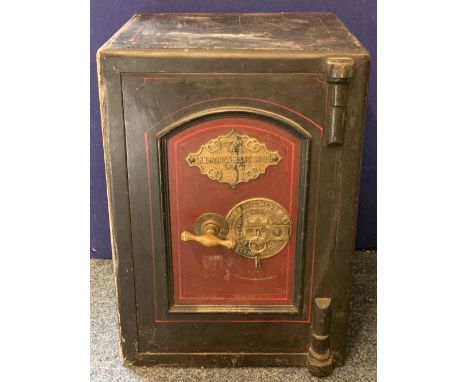 VINTAGE CAST IRON SAFE with locking key, Skidmores Bent Steel Safes plaque and two interior drawers, 60cms H, 43cms W, 42cms 