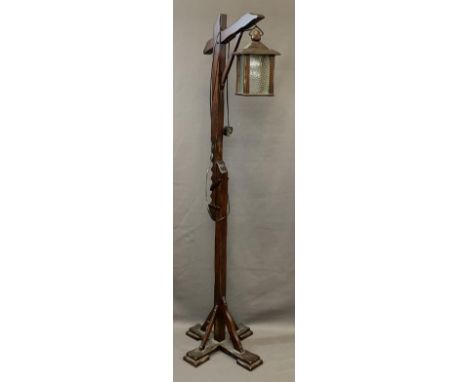 RUSTIC STYLE LANTERN STANDARD LAMP with 'rise and fall' action, 165cms H E/T