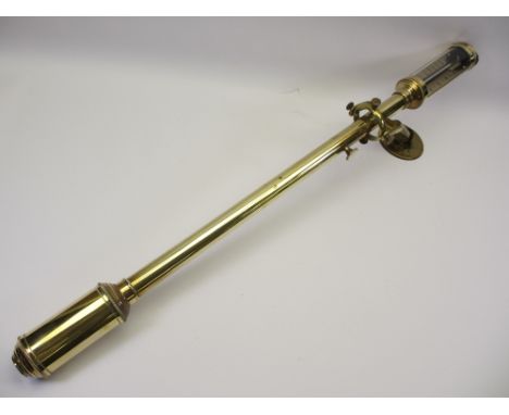 REPRODUCTION BRASS SHIP'S TYPE STICK BAROMETER on a gimbal mount wall bracket, 93cms L