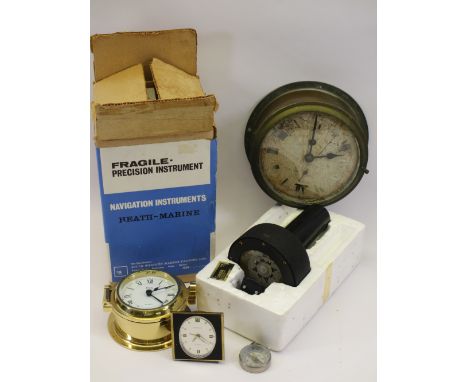 MARINE INTEREST, CLOCKS ETC to include a brass cased binnacle type clock, modern Quartz example, boxed handheld pilot's compa