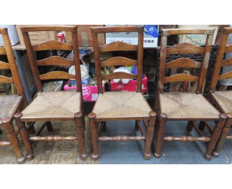 Set of Five similar 19th century rush seated country style ladder back chairs, on stretchered supports 