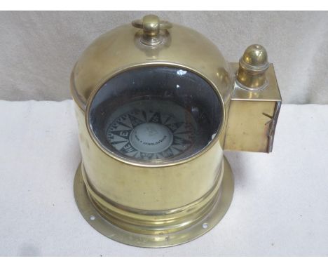 Early 20th century brass ships binnacle by Kelvin Bottomley &amp; Baird Ltd, Glasgow, with loop suspension ring and light com