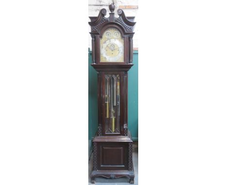 Mahogany cased longcase clock, with ornately ormolu mounted brass dial, silvered numeral chapter ring Arched with two smaller