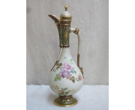 Victorian style ceramic ewer with cover, hand painted and heavily gilded with floral decoration throughout, in the Royal Worc