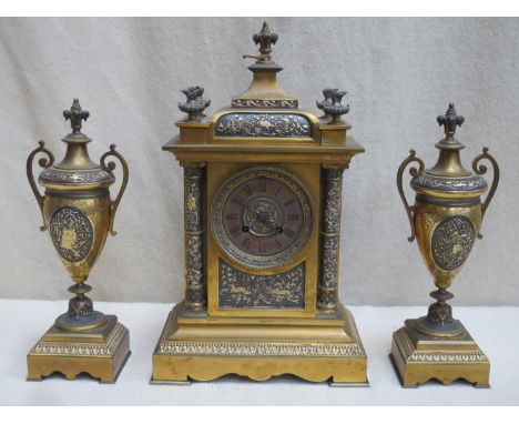 Louis Achille Brocot 19th century French gilt mantle clock and garniture set, ornately decorated with tri-gold coloured inlay