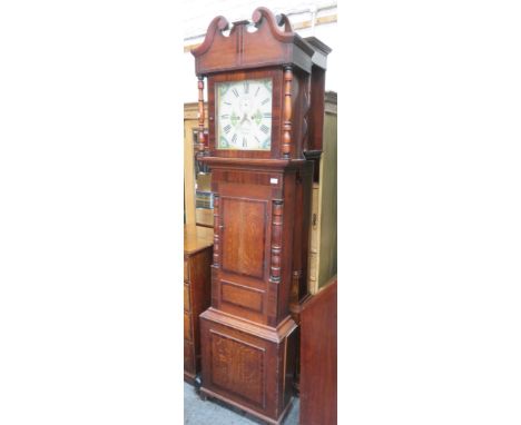 Oak and mahogany cased longcase clock, with handpainted and enamelled dial, by R. Roberts, Bangor, for restoration. Approx. 2