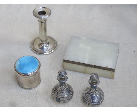 Mixed lot of silver items including ashtray, onyx cigarette box, overlaid decanters, single candlestick plus guilloche enamel