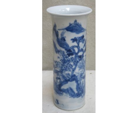 19th century Chinese blue and white sleeve vase, Stamped with Qianlong character marks, painted with a village scene, 21cm hi