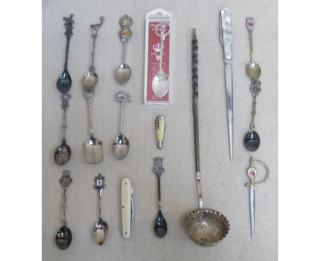 Victorian unhallmarked silver coloured and horn handled ladle. Plus souvenir spoons, letter knife etc 