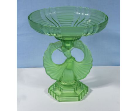 1930s Art Deco Uranium Glass by Walther and Sohne Dancing Lady Candlestick Centrepiece or Comport 