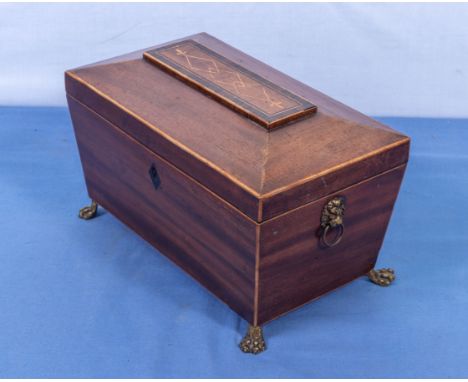 Inlaid mahogany sarcophagus shaped tea caddy