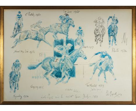 Peter Biegel, (1913-1988) Lester Piggott's 8 Derby winners, 1977 print, 62 x 86cm. 