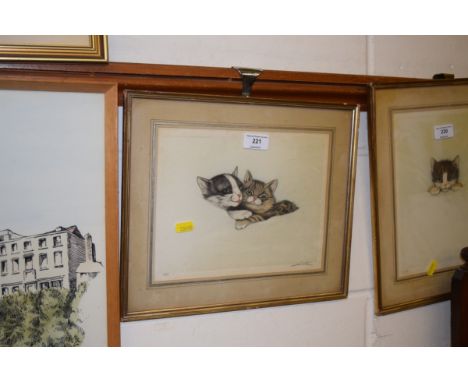A pencil signed limited edition print depicting two cats in bed 