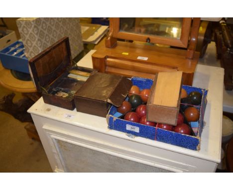 A box of snooker balls; a chess set; playing cards etc. 