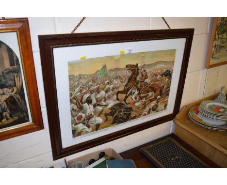 A framed and glazed coloured print "The Charge of the 21st Lancers at the Battle of Omdurman"