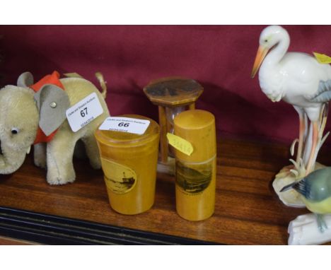 Three items of mauchline ware to include a timer